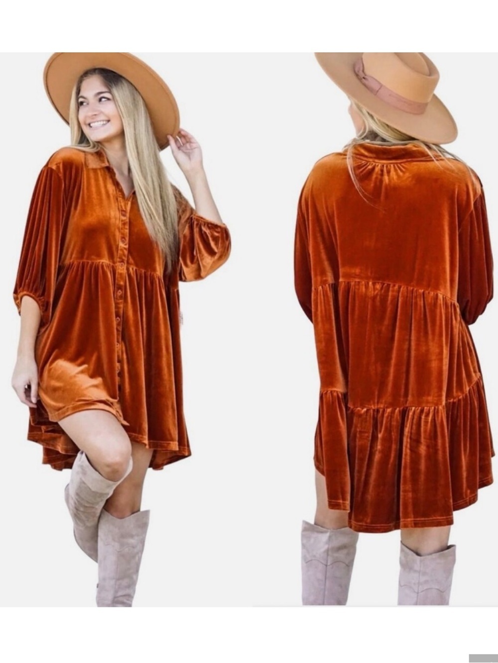 UMGEE Rust Velvet Tunic Mini Dress Boho Fall Cottagecore Babydoll Top Western